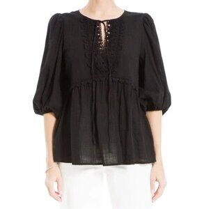 Max Studio Lace Tie Neck Peasant Top Sz XS Gauze Babydoll Black Witchy Boho NEW